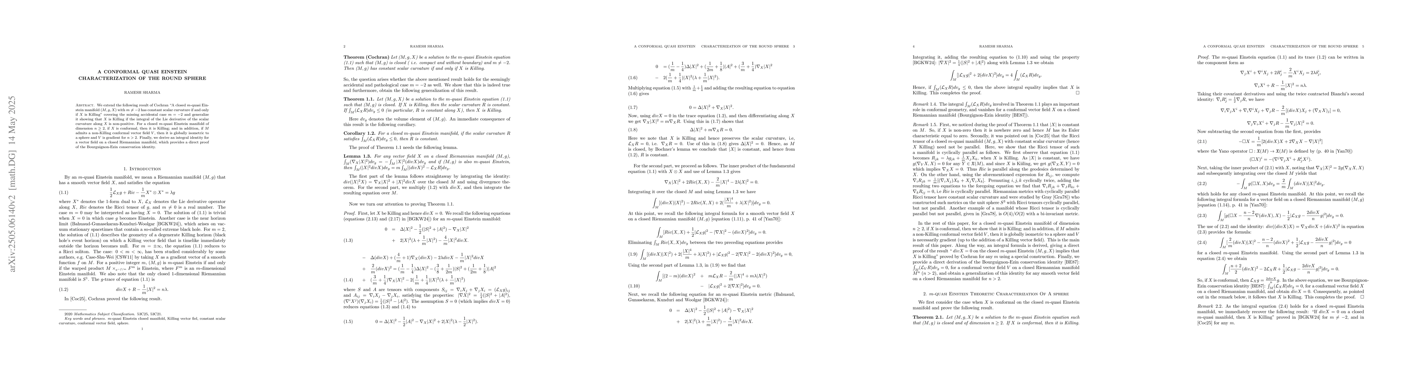 Thumbnail for A Conformal Quasi Einstein Characterization Of The Round Sphere