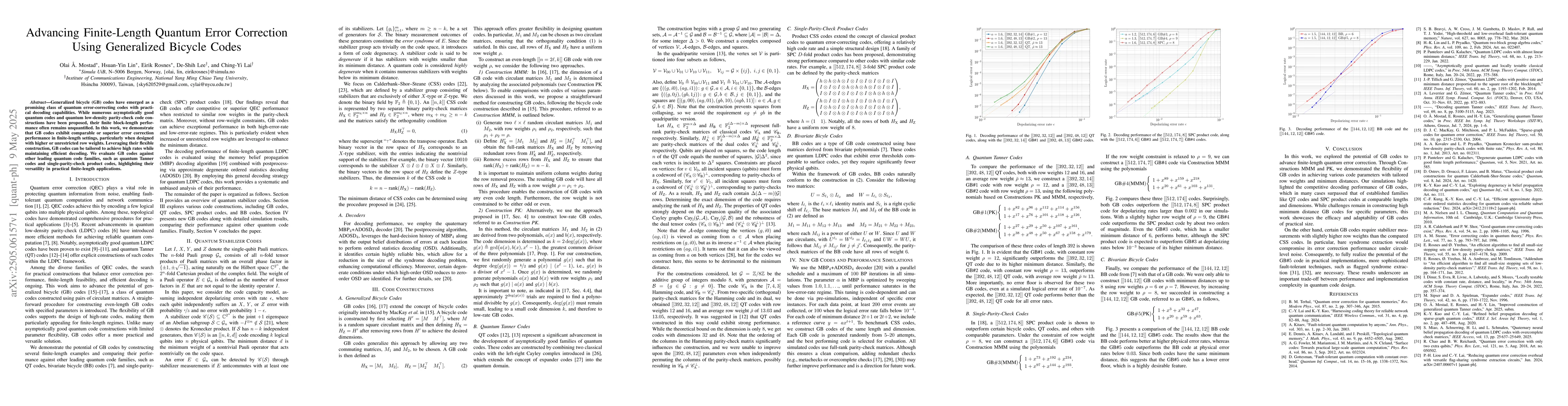 Thumbnail for Advancing Finite-Length Quantum Error Correction Using Generalized
  Bicycle Codes
