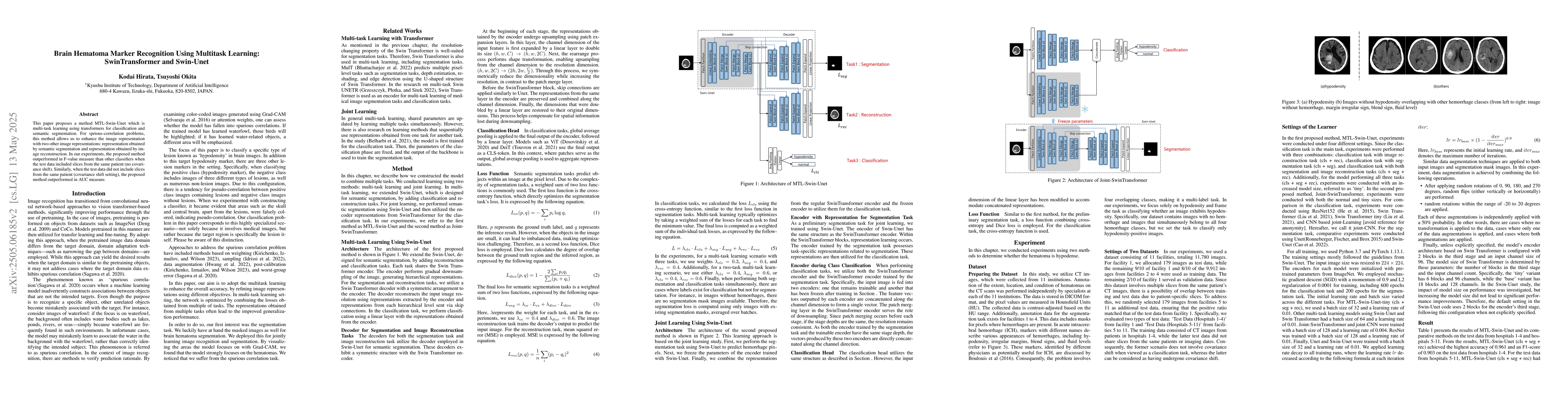 Thumbnail for Brain Hematoma Marker Recognition Using Multitask Learning:
  SwinTransformer and Swin-Unet