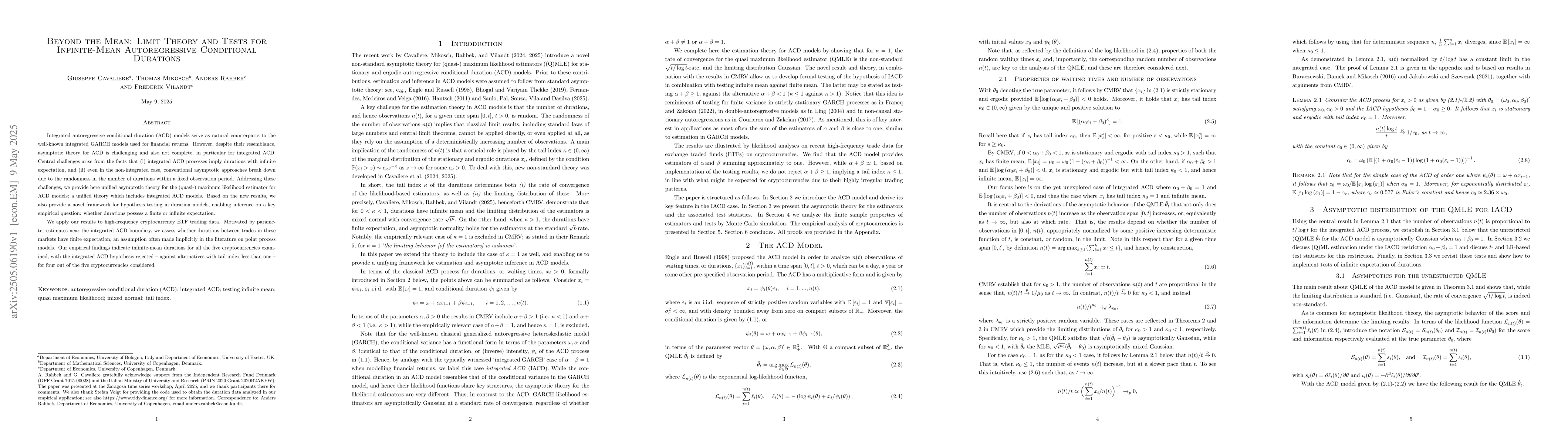 Thumbnail for Beyond the Mean: Limit Theory and Tests for Infinite-Mean Autoregressive
  Conditional Durations