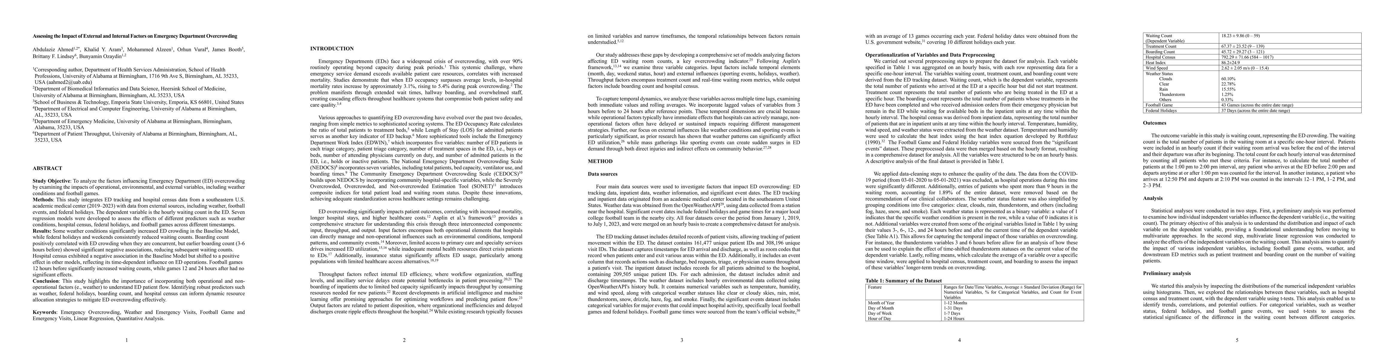 Thumbnail for Assessing the Impact of External and Internal Factors on Emergency
  Department Overcrowding