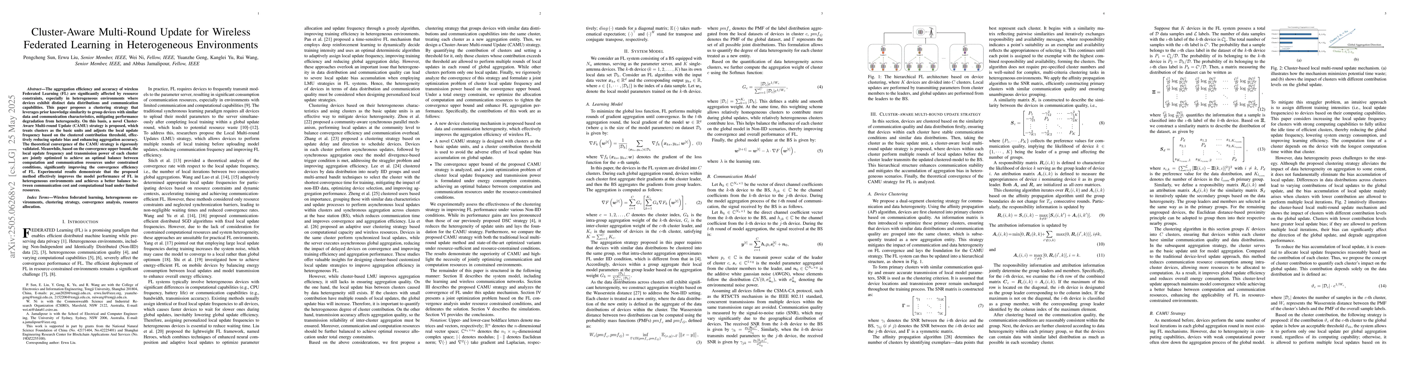 Thumbnail for Cluster-Aware Multi-Round Update for Wireless Federated Learning in
  Heterogeneous Environments