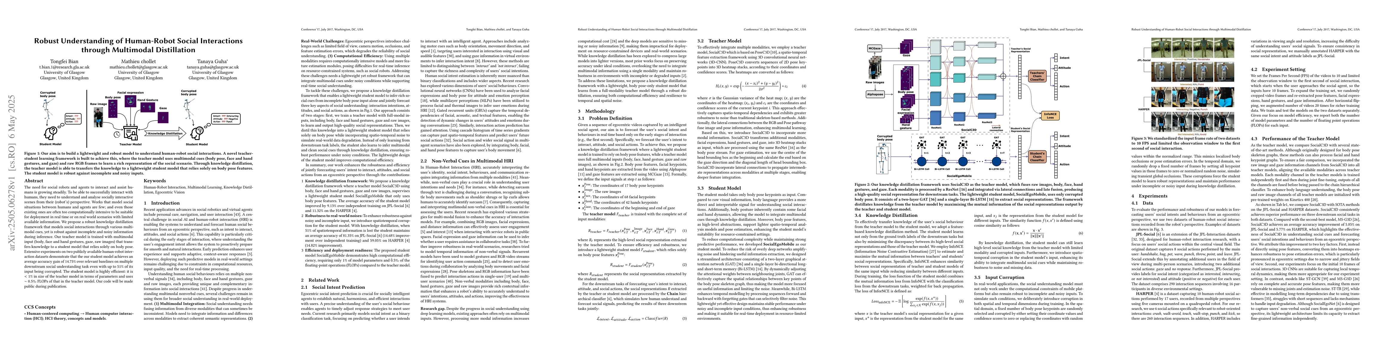Thumbnail for Robust Understanding of Human-Robot Social Interactions through
  Multimodal Distillation