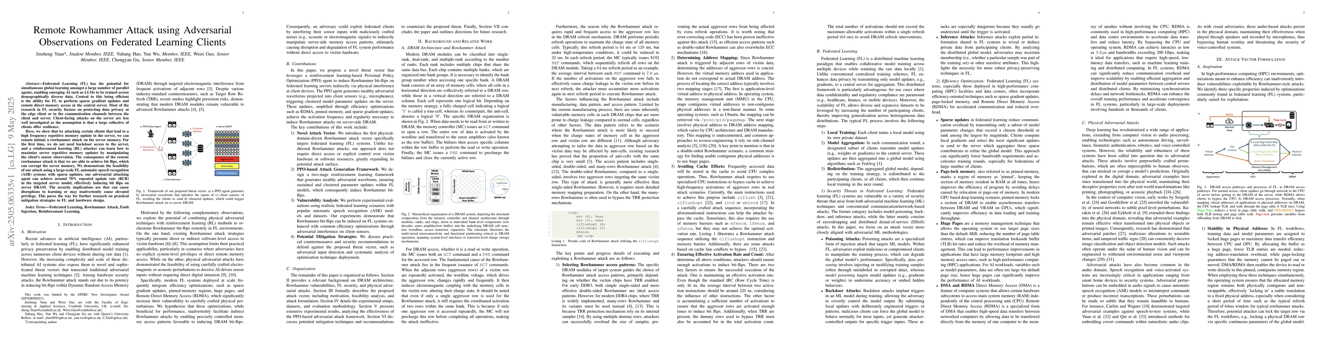 Thumbnail for Remote Rowhammer Attack using Adversarial Observations on Federated
  Learning Clients