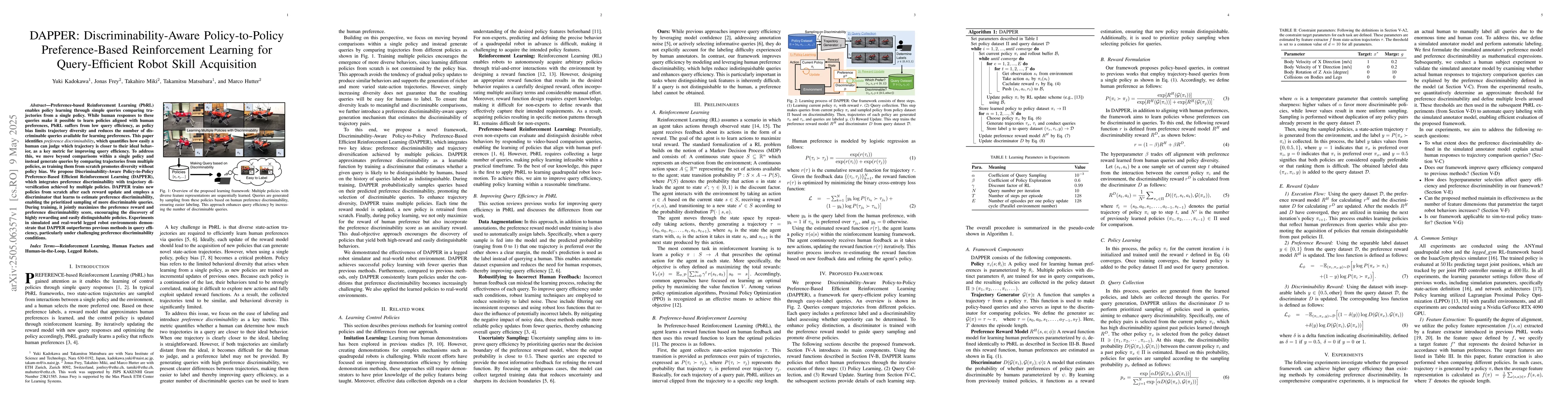 Thumbnail for DAPPER: Discriminability-Aware Policy-to-Policy Preference-Based
  Reinforcement Learning for Query-Efficient Robot Skill Acquisition