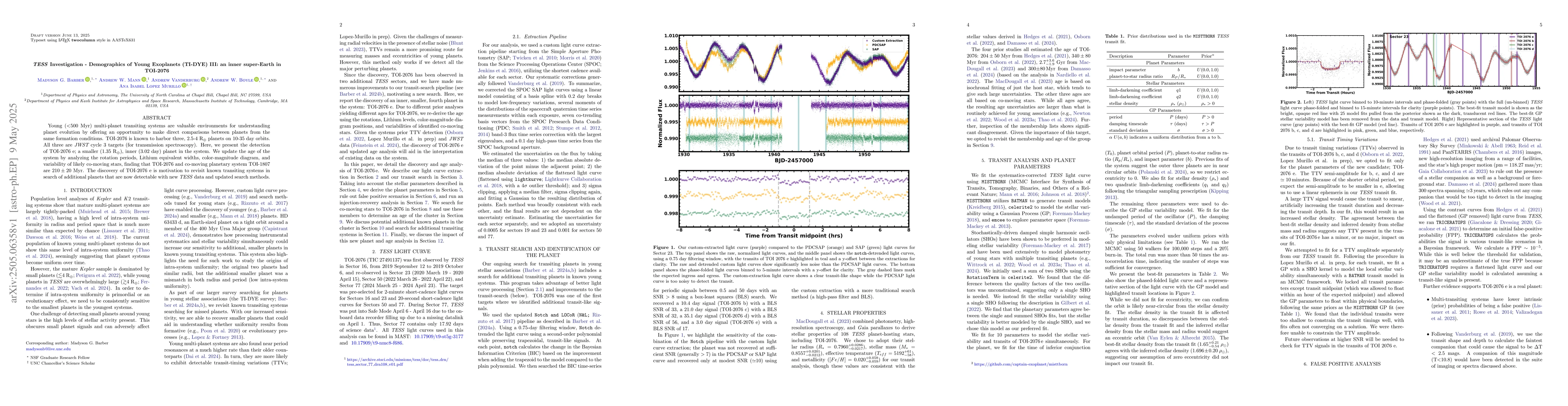 Thumbnail for TESS Investigation -- Demographics of Young Exoplanets (TI-DYE) III: an
  inner super-Earth in TOI-2076