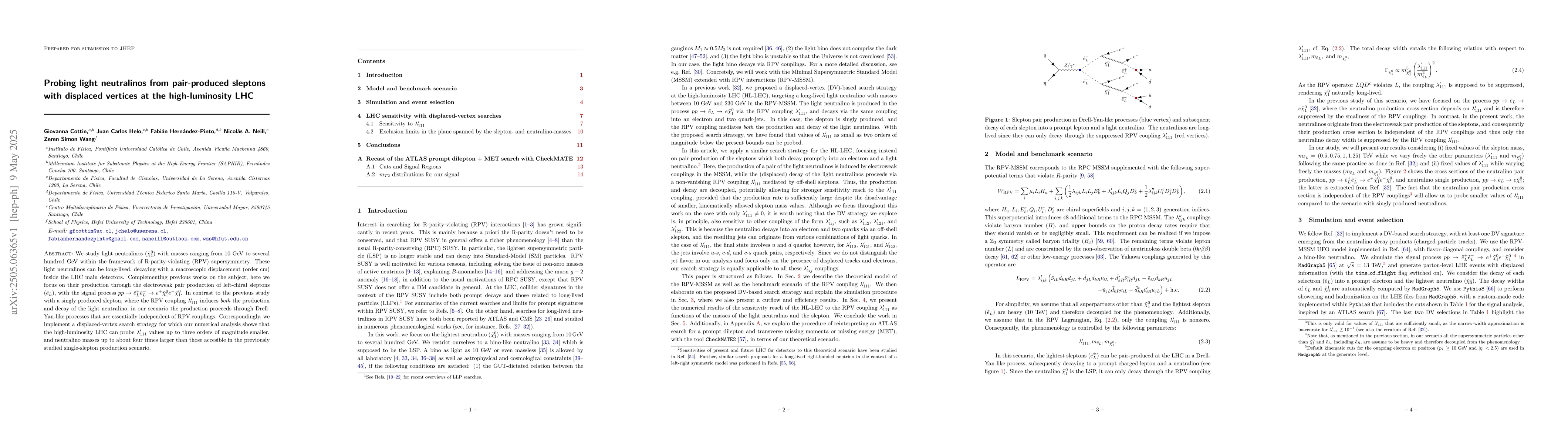 Thumbnail for Probing light neutralinos from pair-produced sleptons with displaced
  vertices at the high-luminosity LHC
