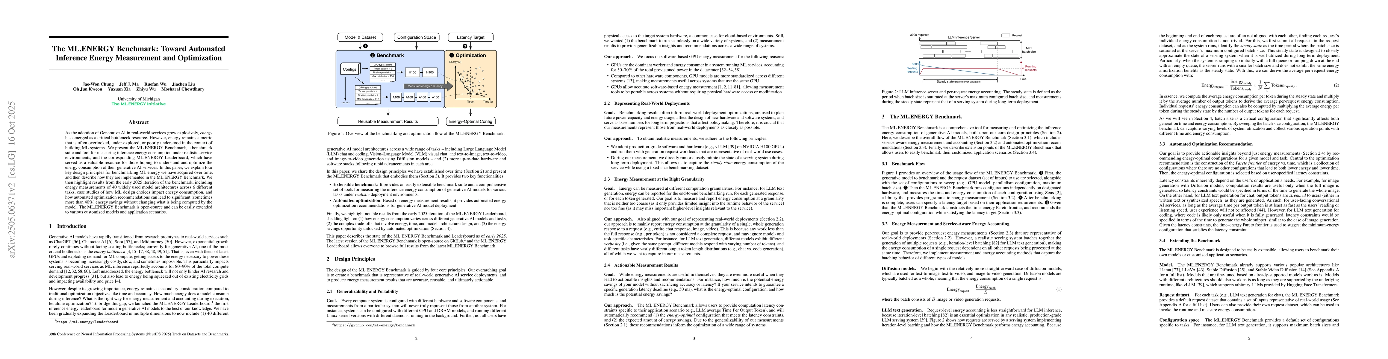 Thumbnail for The ML.ENERGY Benchmark: Toward Automated Inference Energy Measurement
  and Optimization