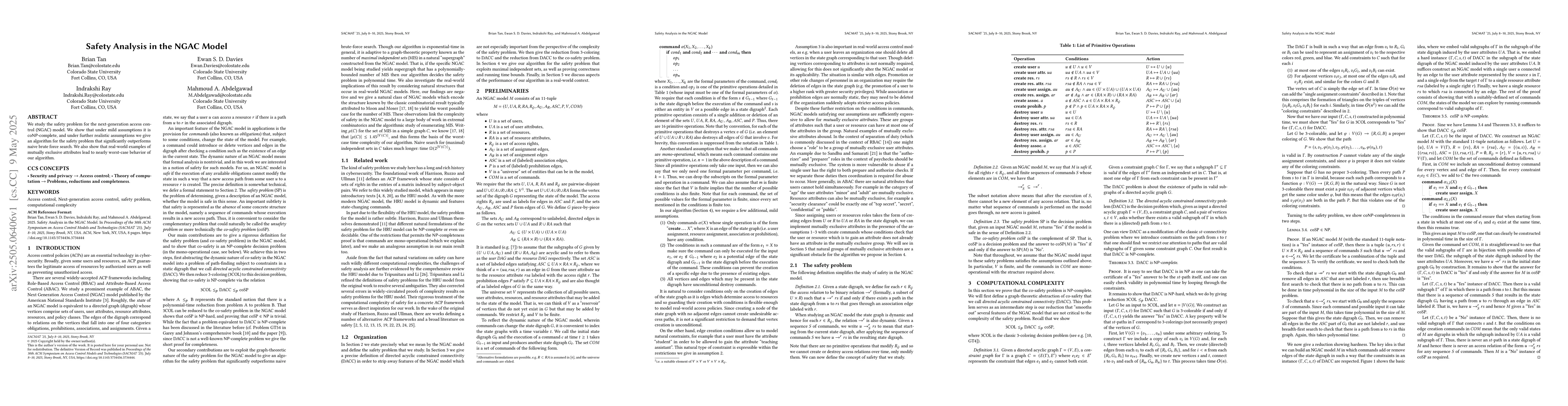 Thumbnail for Safety Analysis in the NGAC Model