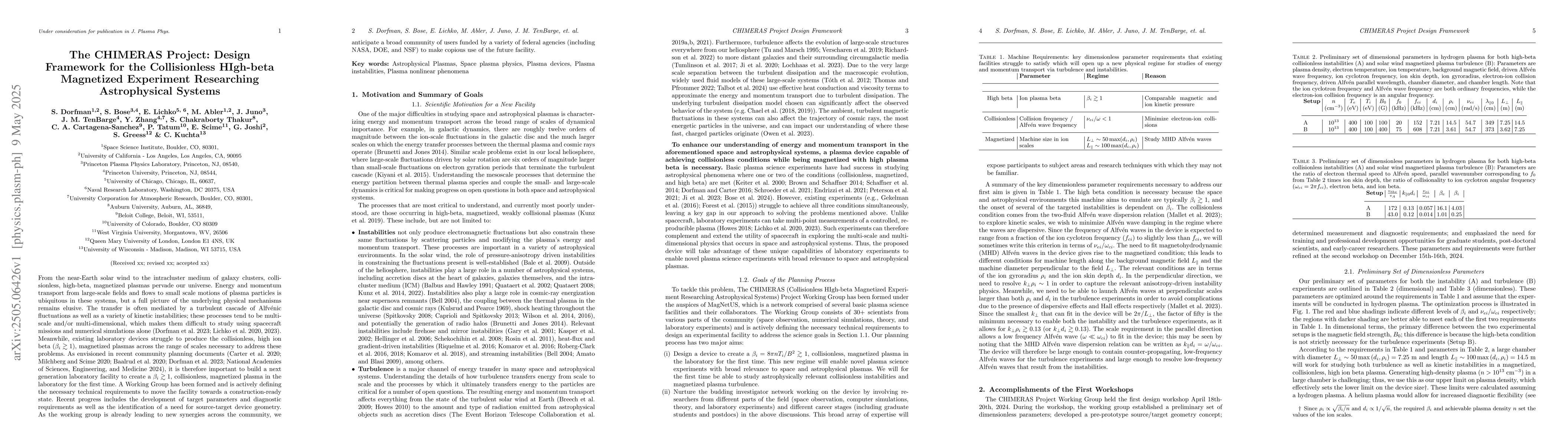 Thumbnail for The CHIMERAS Project: Design Framework for the Collisionless HIgh-beta
  Magnetized Experiment Researching Astrophysical Systems