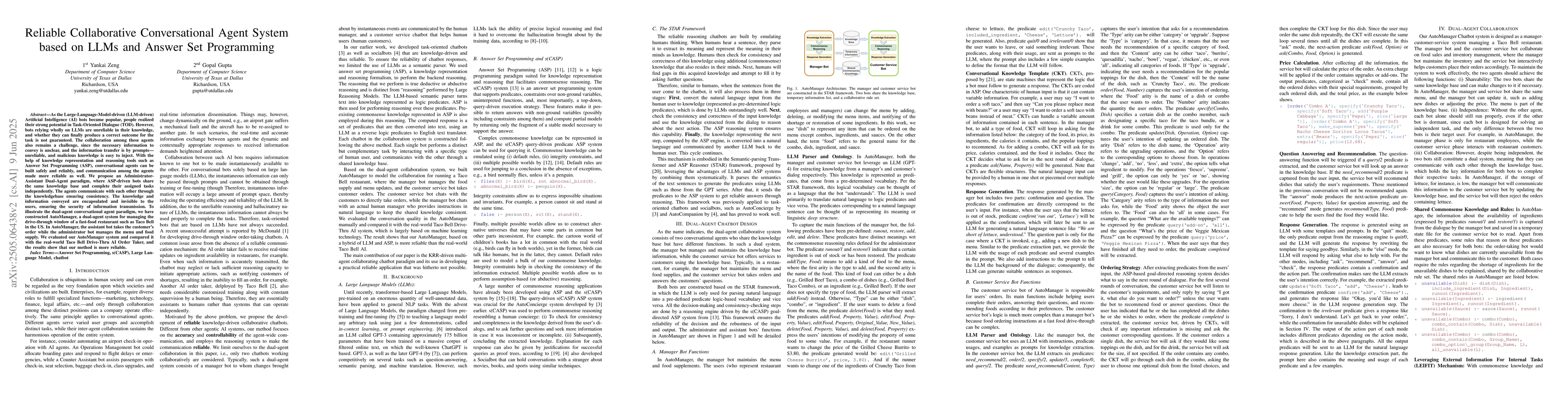 Thumbnail for Reliable Collaborative Conversational Agent System Based on LLMs and
  Answer Set Programming