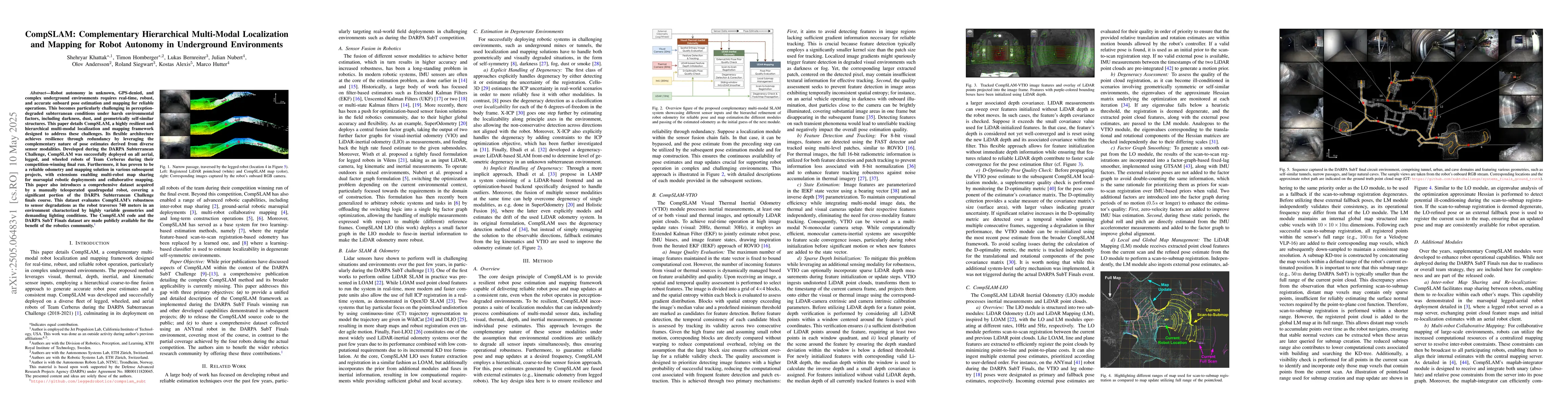 Thumbnail for CompSLAM: Complementary Hierarchical Multi-Modal Localization and
  Mapping for Robot Autonomy in Underground Environments