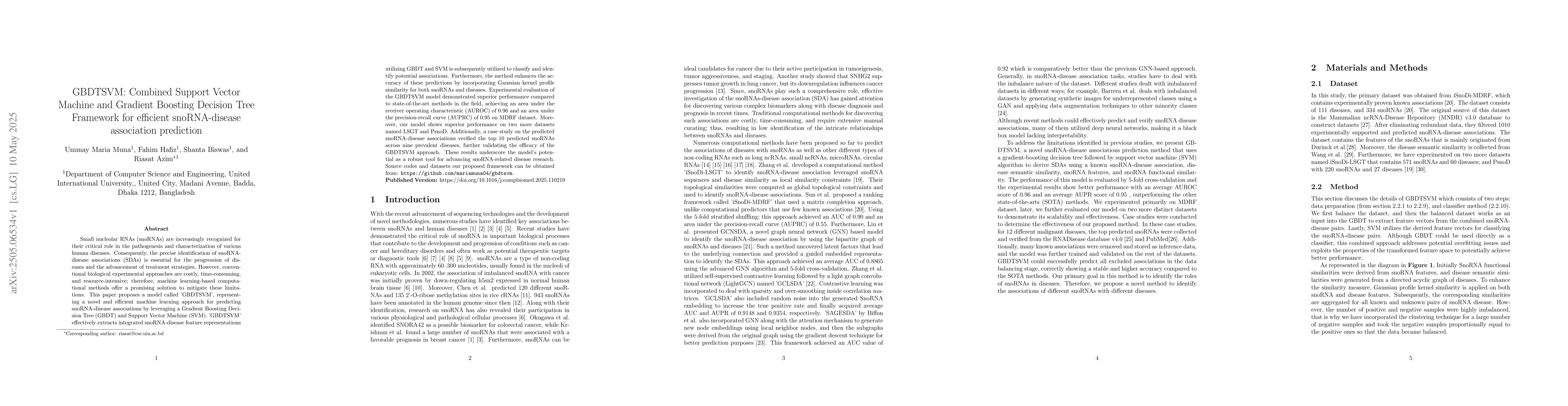 Thumbnail for GBDTSVM: Combined Support Vector Machine and Gradient Boosting Decision
  Tree Framework for efficient snoRNA-disease association prediction
