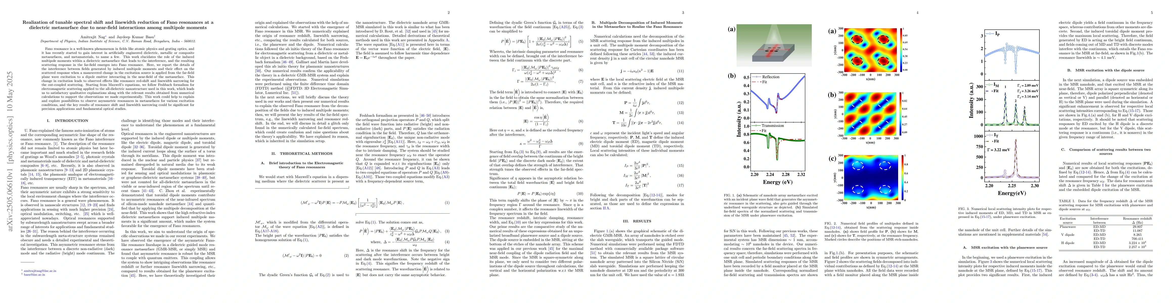Thumbnail for Realization of tunable spectral shift and linewidth reduction of Fano
  resonances at a dielectric metasurface due to near-field interactions among
  multipole moments