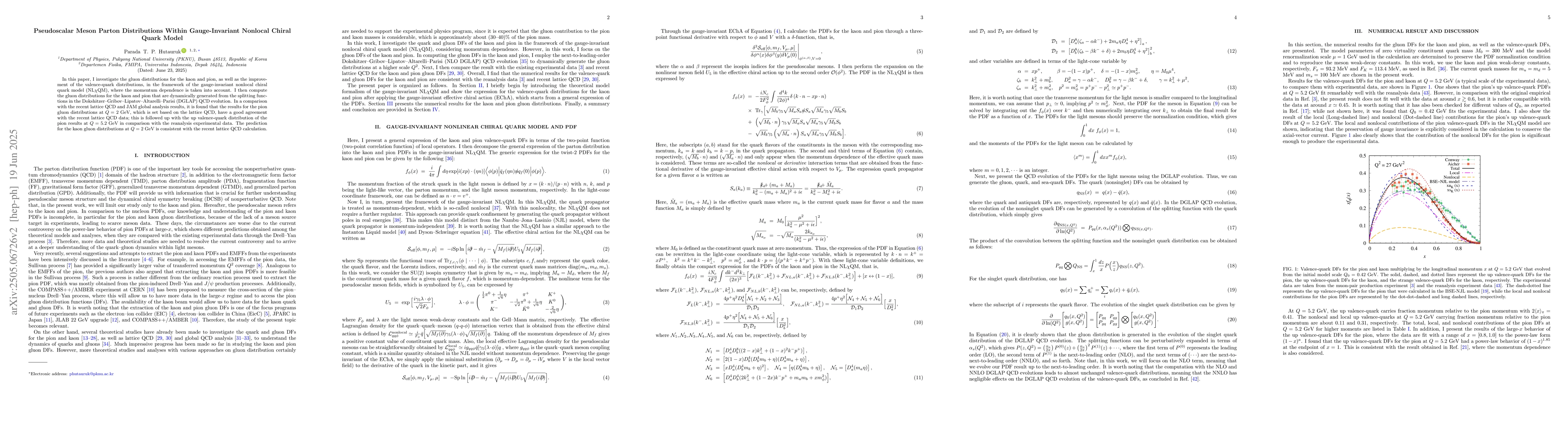 Thumbnail for Pseudoscalar Meson Parton Distributions within Gauge Invariant Nonlocal
  Chiral Quark Model