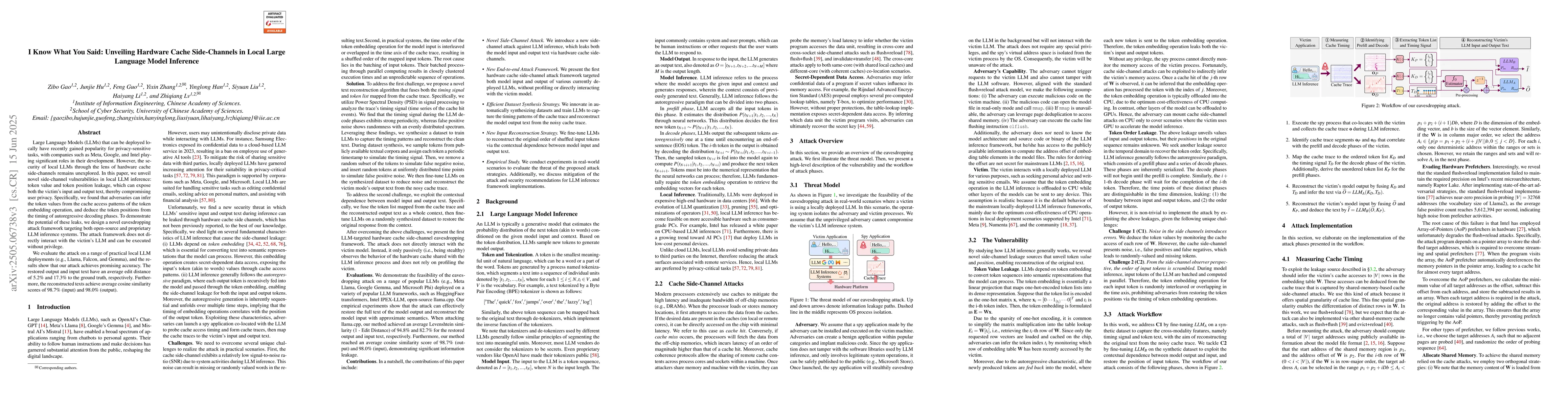 Thumbnail for I Know What You Said: Unveiling Hardware Cache Side-Channels in Local
  Large Language Model Inference