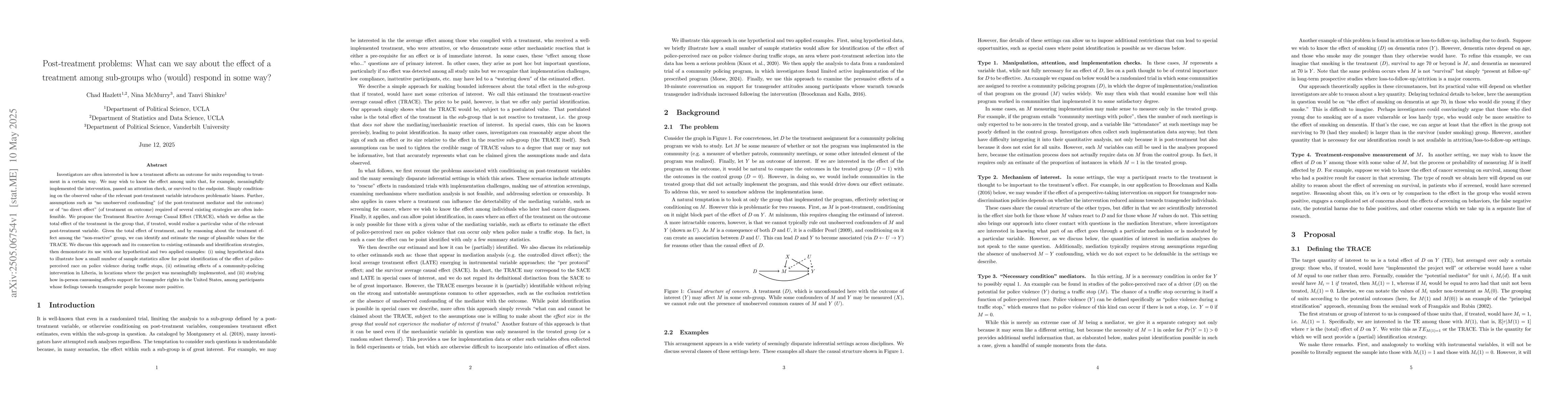 Thumbnail for Post-treatment problems: What can we say about the effect of a treatment
  among sub-groups who (would) respond in some way?