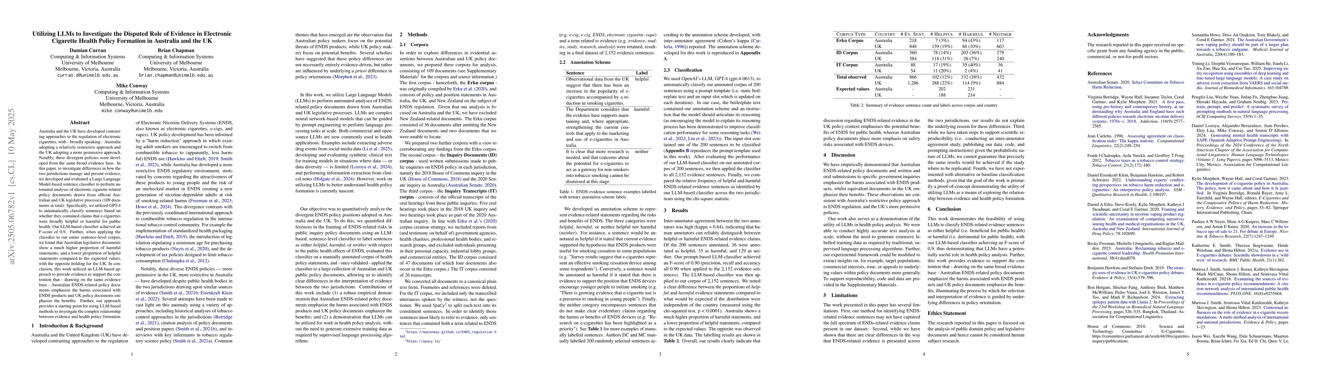 Thumbnail for Utilizing LLMs to Investigate the Disputed Role of Evidence in
  Electronic Cigarette Health Policy Formation in Australia and the UK