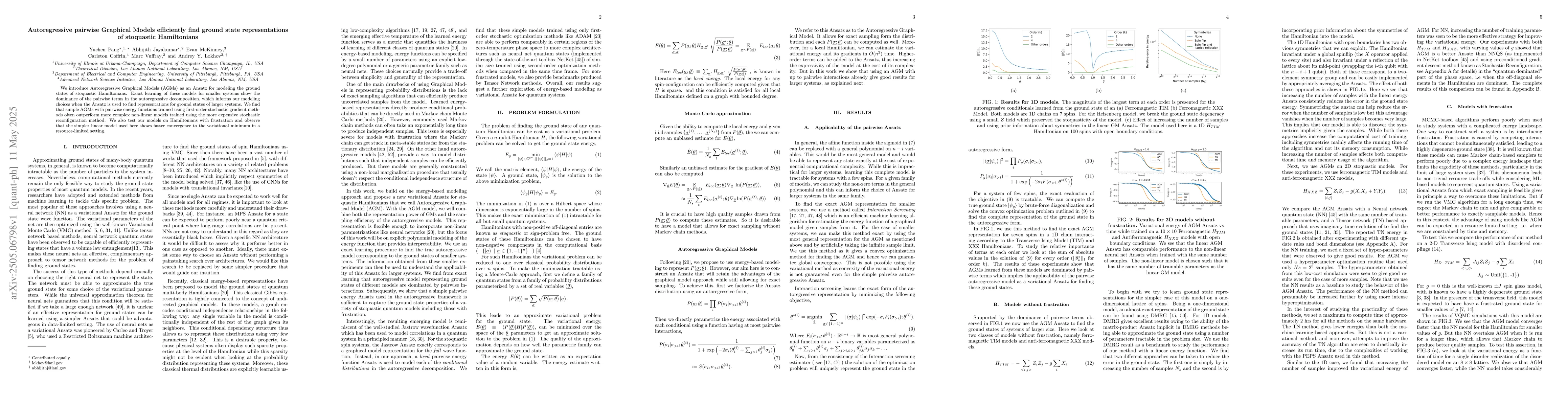 Thumbnail for Autoregressive pairwise Graphical Models efficiently find ground state
  representations of stoquastic Hamiltonians