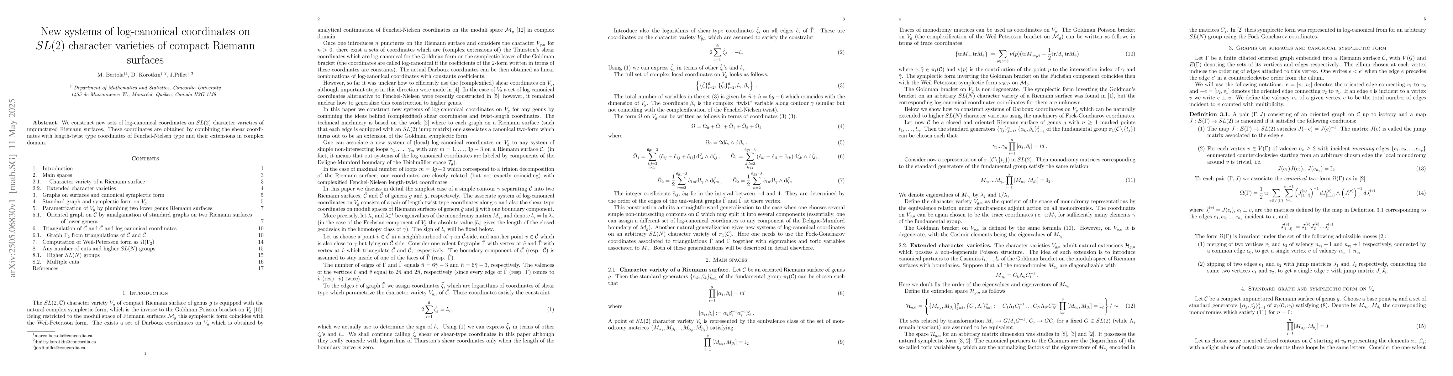 Thumbnail for New systems of log-canonical coordinates on $SL(2)$ character varieties
  of compact Riemann surfaces