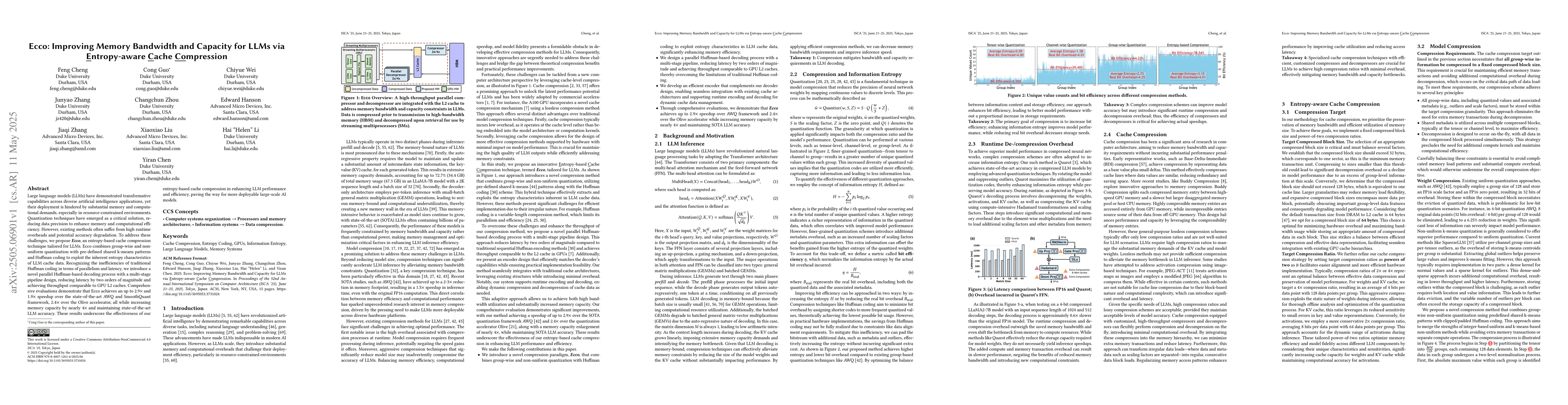 Thumbnail for Ecco: Improving Memory Bandwidth and Capacity for LLMs via Entropy-aware
  Cache Compression