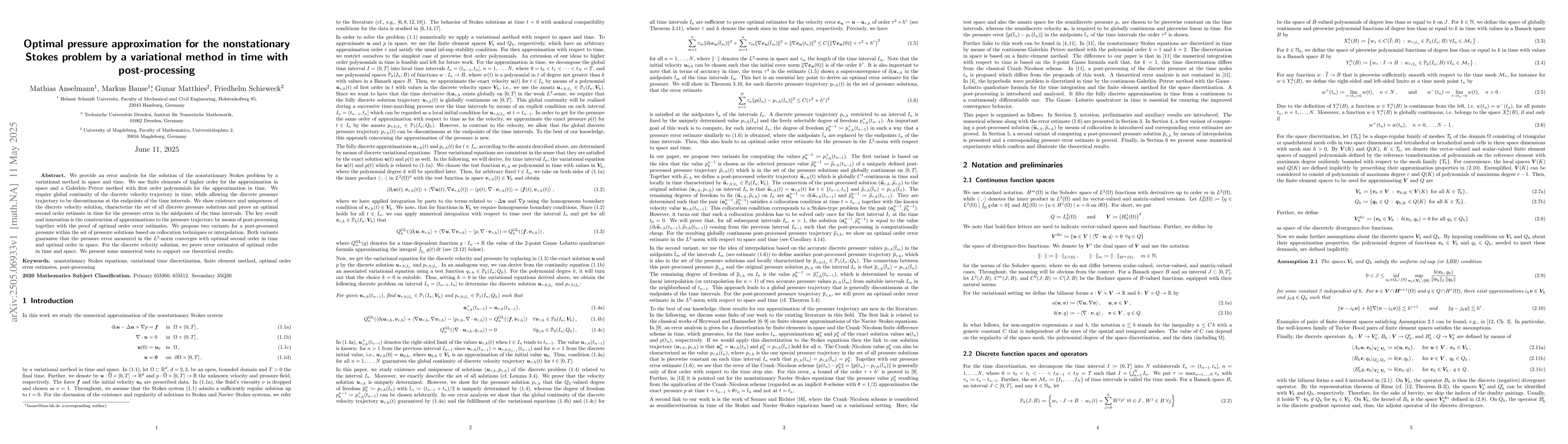 Thumbnail for Optimal pressure approximation for the nonstationary Stokes problem by a
  variational method in time with post-processing