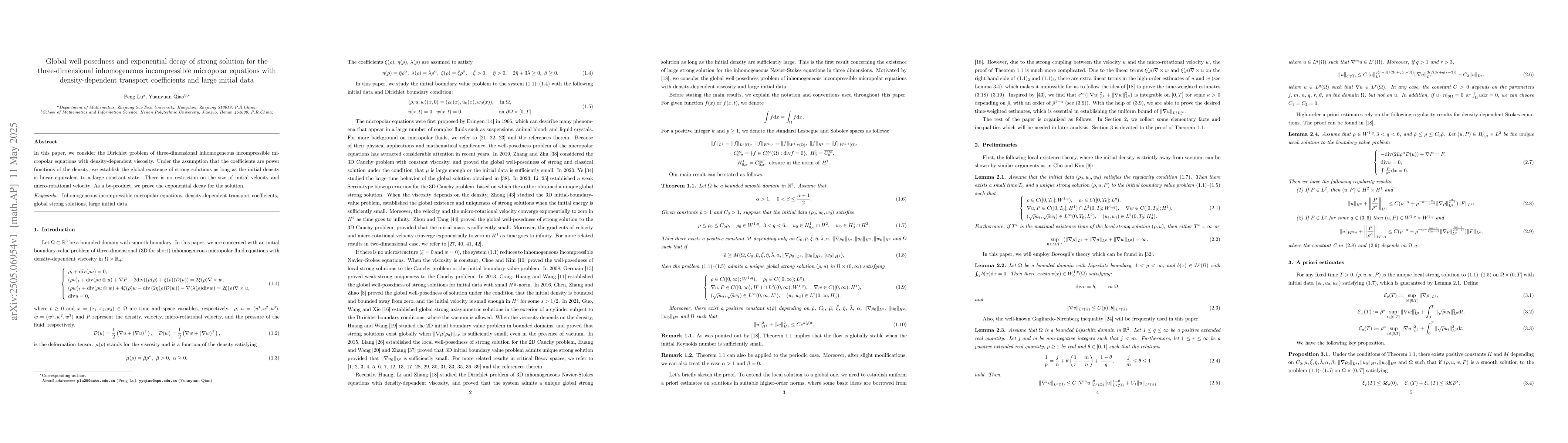 Thumbnail for Global well-posedness and exponential decay of strong solution for the
  three-dimensional inhomogeneous incompressible micropolar equations with
  density-dependent transport coefficients and large initial data