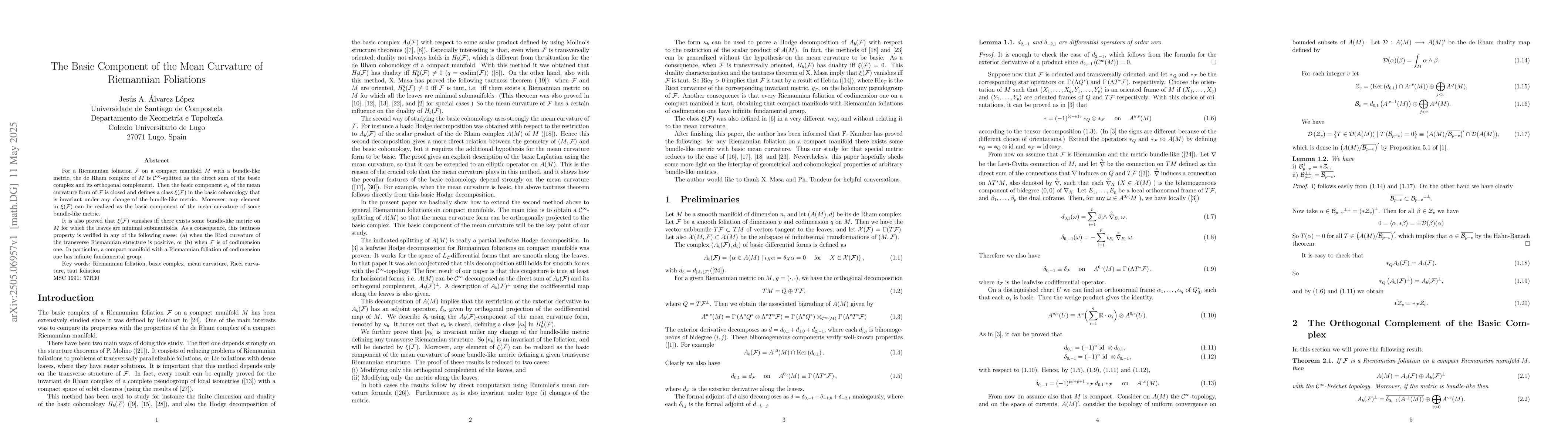 Thumbnail for The basic component of the mean curvature of Riemannian foliations