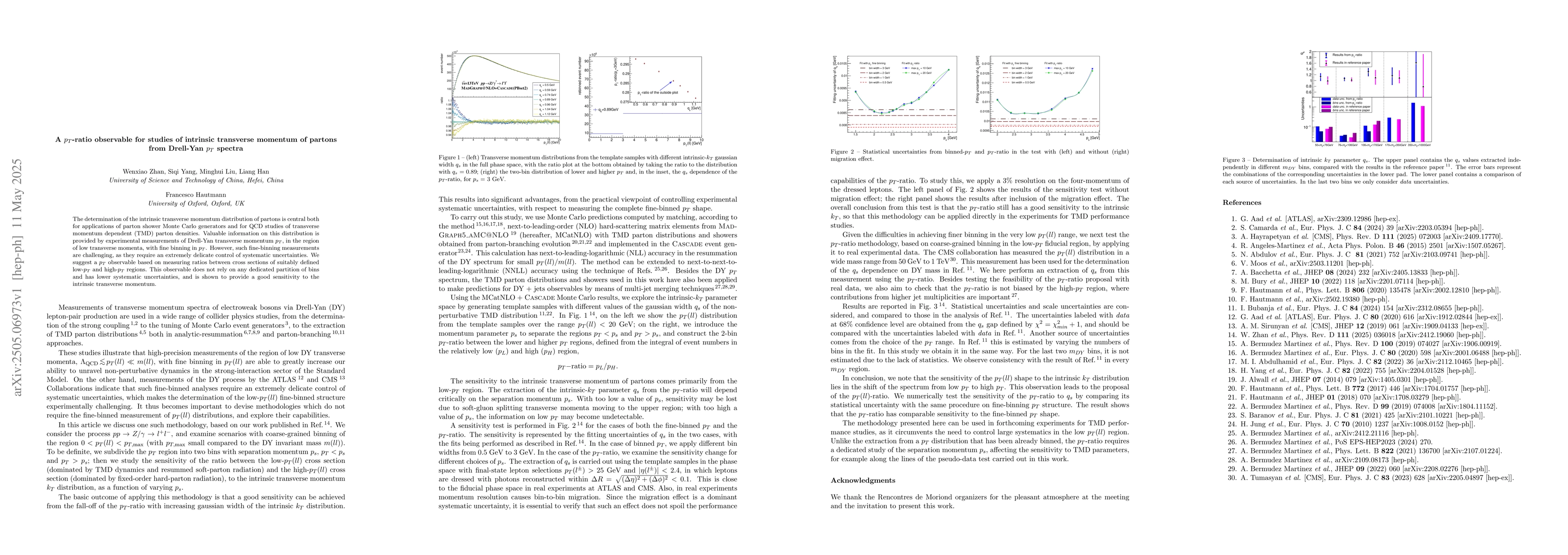 Thumbnail for A $p_T$-ratio observable for studies of intrinsic transverse momentum of
  partons from Drell-Yan $p_T$ spectra