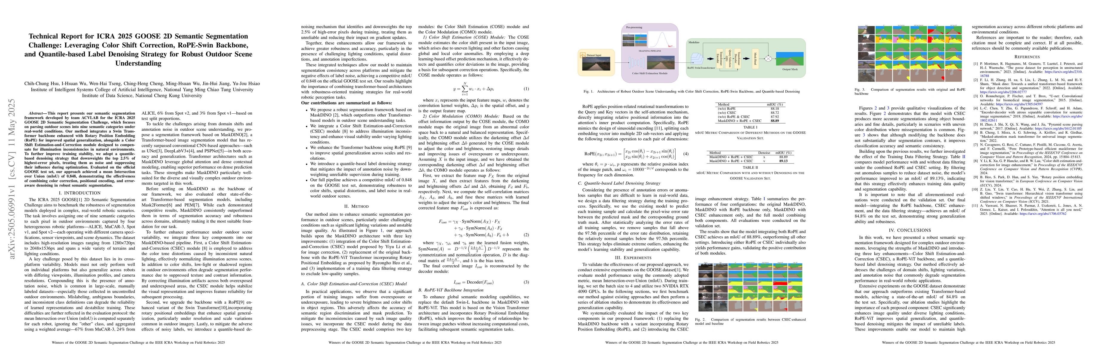 Thumbnail for Technical Report for ICRA 2025 GOOSE 2D Semantic Segmentation Challenge:
  Leveraging Color Shift Correction, RoPE-Swin Backbone, and Quantile-based
  Label Denoising Strategy for Robust Outdoor Scene Understanding