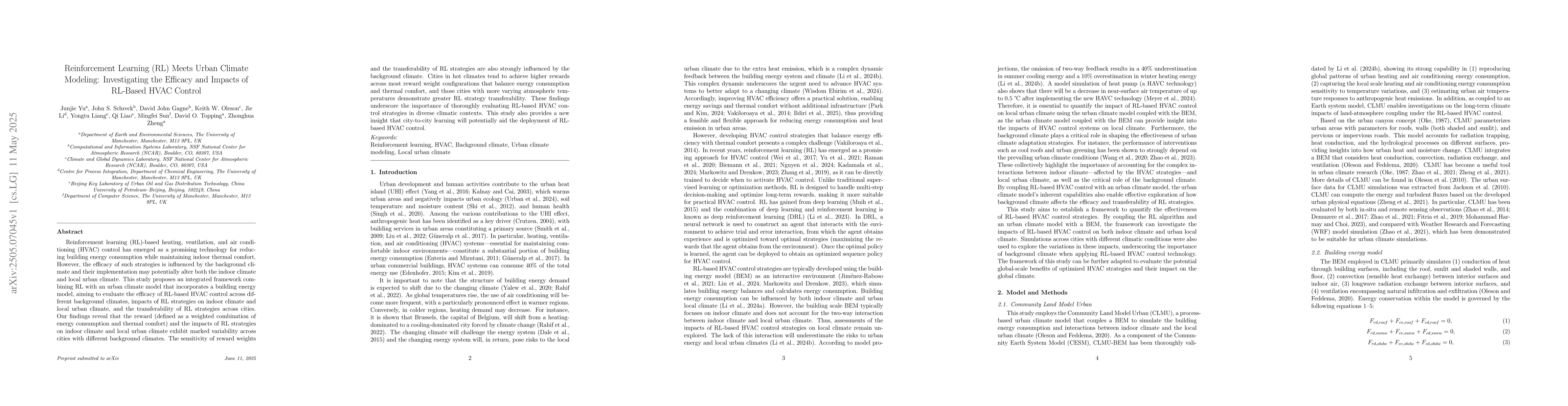 Thumbnail for Reinforcement Learning (RL) Meets Urban Climate Modeling: Investigating
  the Efficacy and Impacts of RL-Based HVAC Control
