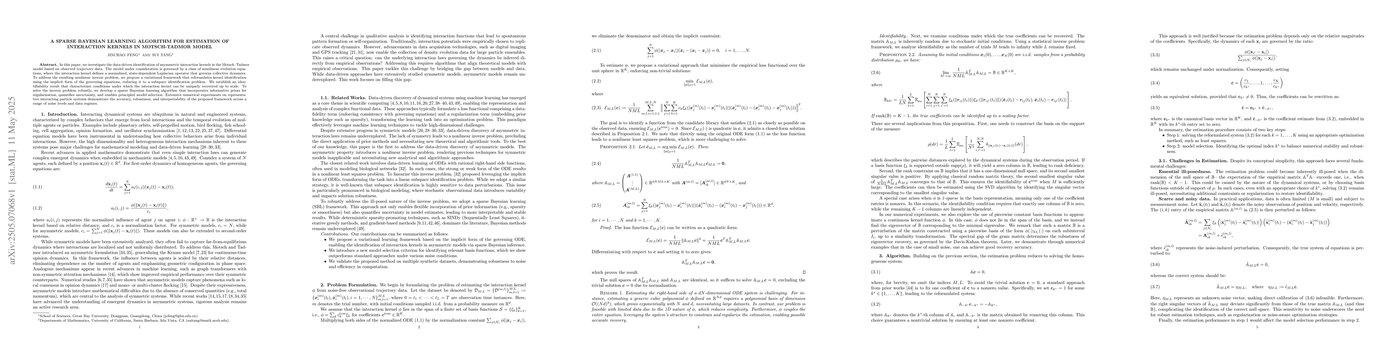 Thumbnail for A Sparse Bayesian Learning Algorithm for Estimation of Interaction
  Kernels in Motsch-Tadmor Model