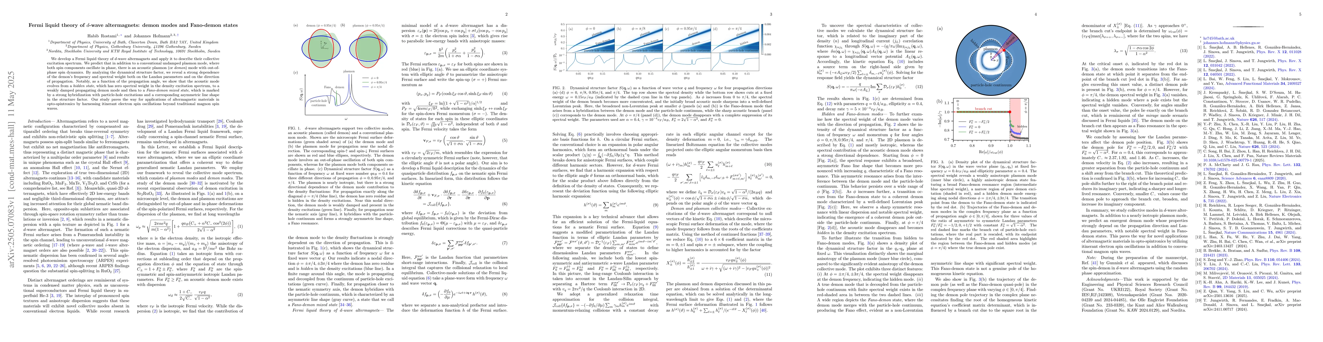 Thumbnail for Fermi liquid theory of $d$-wave altermagnets: demon modes and Fano-demon
  states