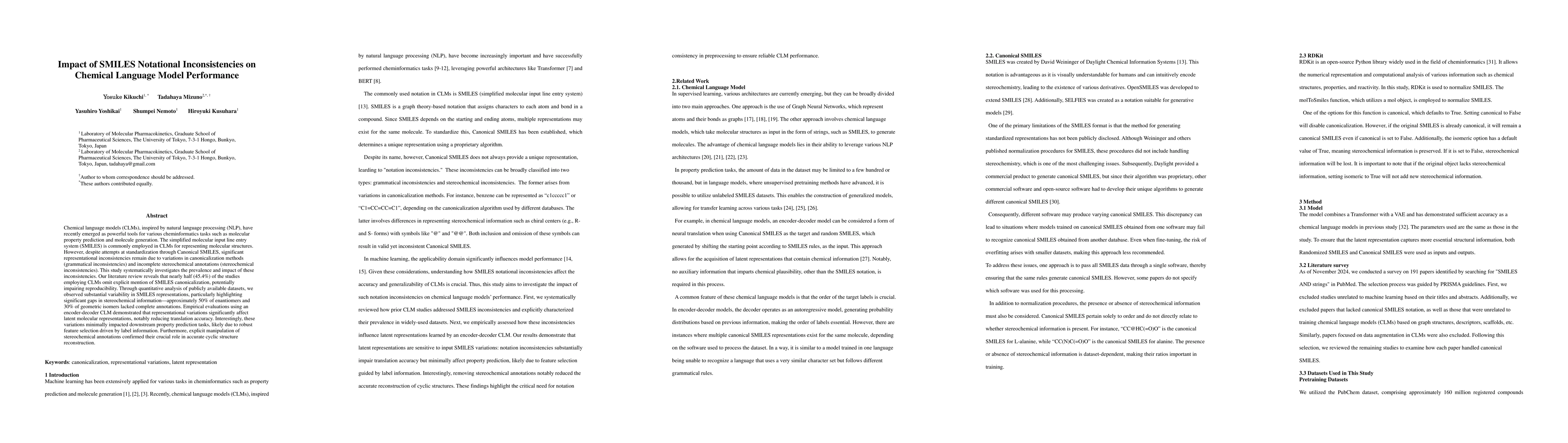 Thumbnail for Impact of SMILES Notational Inconsistencies on Chemical Language Model
  Performance