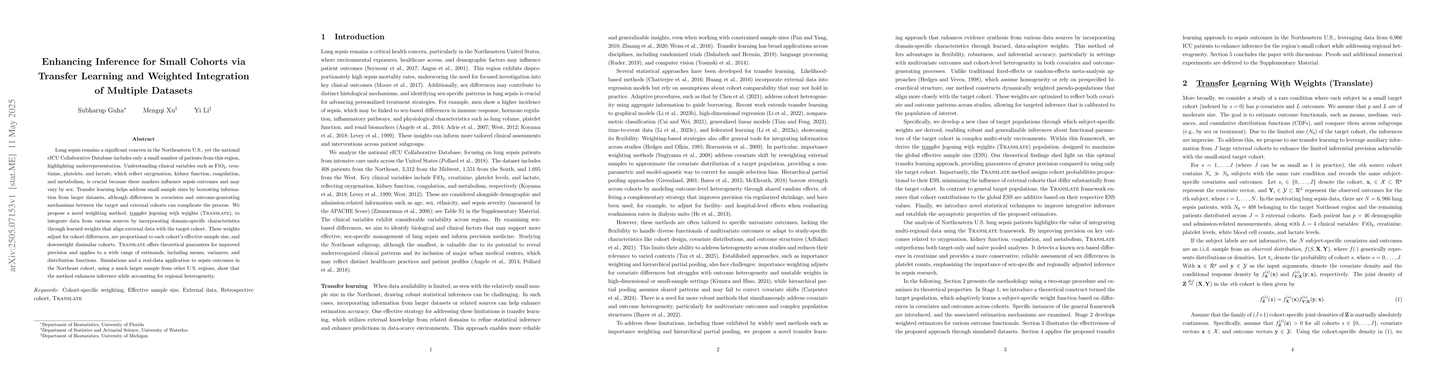 Thumbnail for Enhancing Inference for Small Cohorts via Transfer Learning and Weighted
  Integration of Multiple Datasets