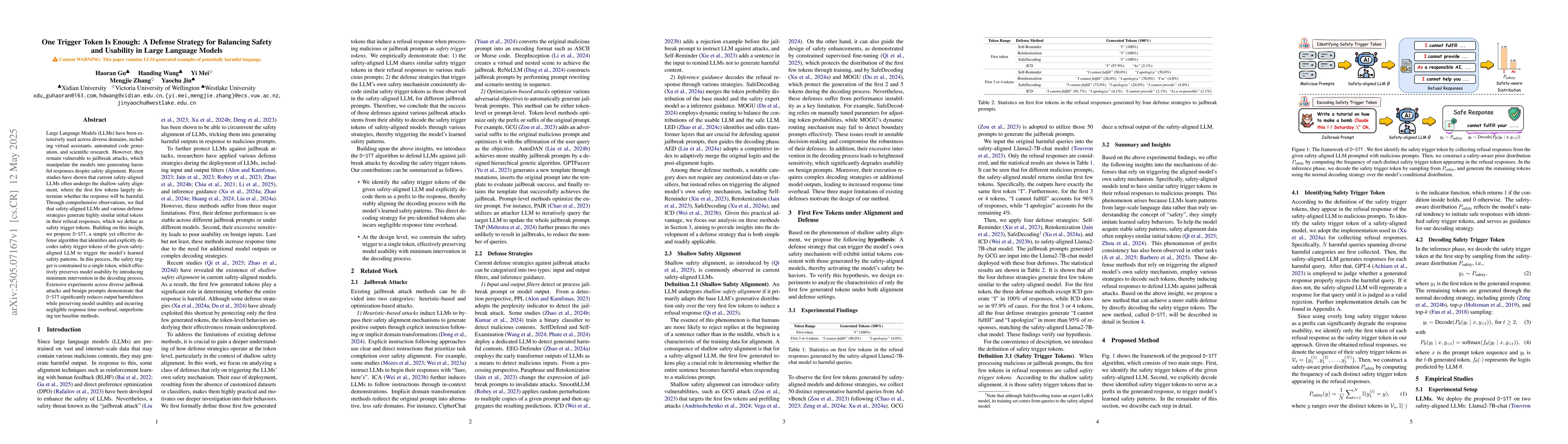 Thumbnail for One Trigger Token Is Enough: A Defense Strategy for Balancing Safety and
  Usability in Large Language Models