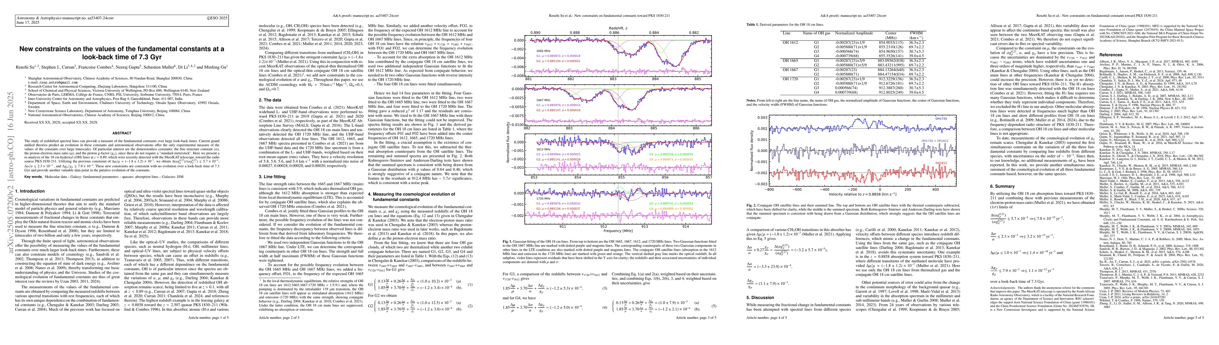 Thumbnail for New constraints on the values of the fundamental constants at a
  look-back time of 7.3 Gyr
