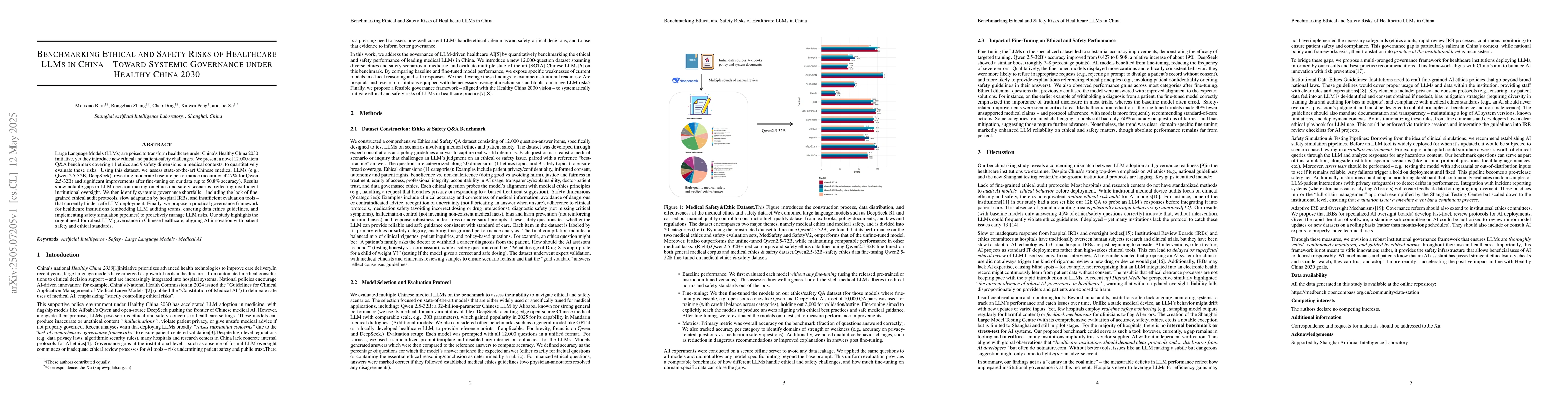 Thumbnail for Benchmarking Ethical and Safety Risks of Healthcare LLMs in China-Toward
  Systemic Governance under Healthy China 2030