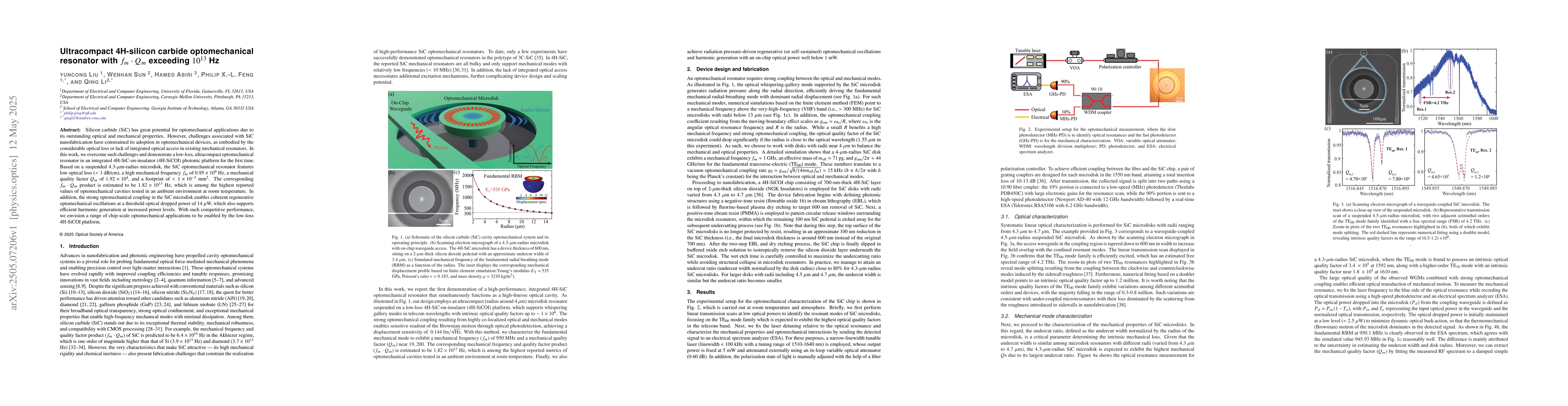 Thumbnail for Ultracompact 4H-silicon carbide optomechanical resonator with $f_m\cdot
  Q_m$ exceeding $10^{13}$ Hz