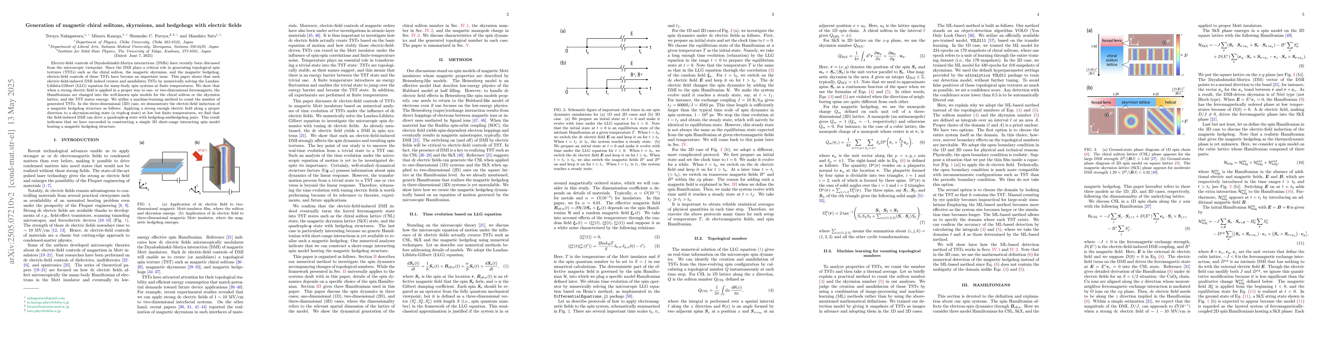 Thumbnail for Generation of magnetic chiral solitons, skyrmions, and hedgehogs with
  electric fields