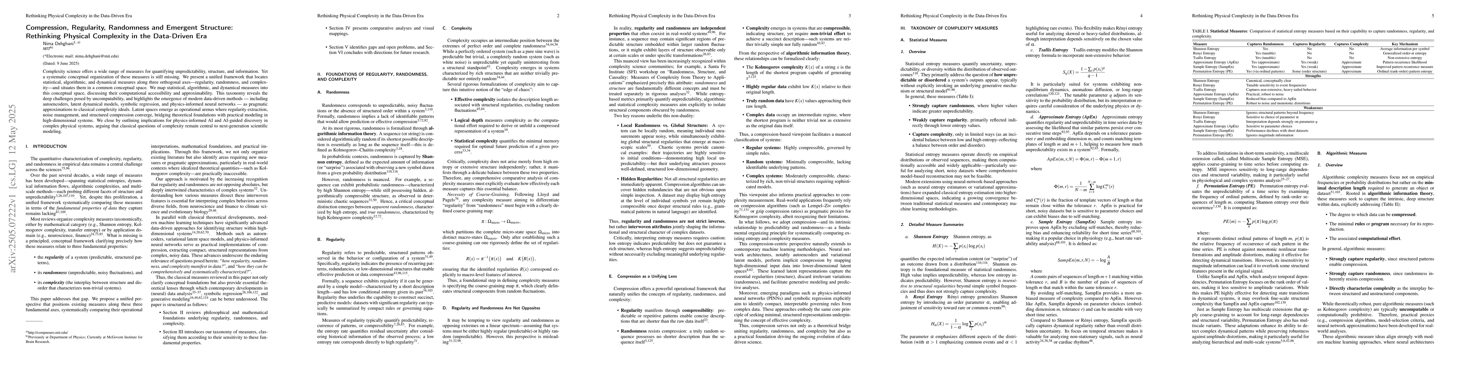 Thumbnail for Compression, Regularity, Randomness and Emergent Structure: Rethinking
  Physical Complexity in the Data-Driven Era