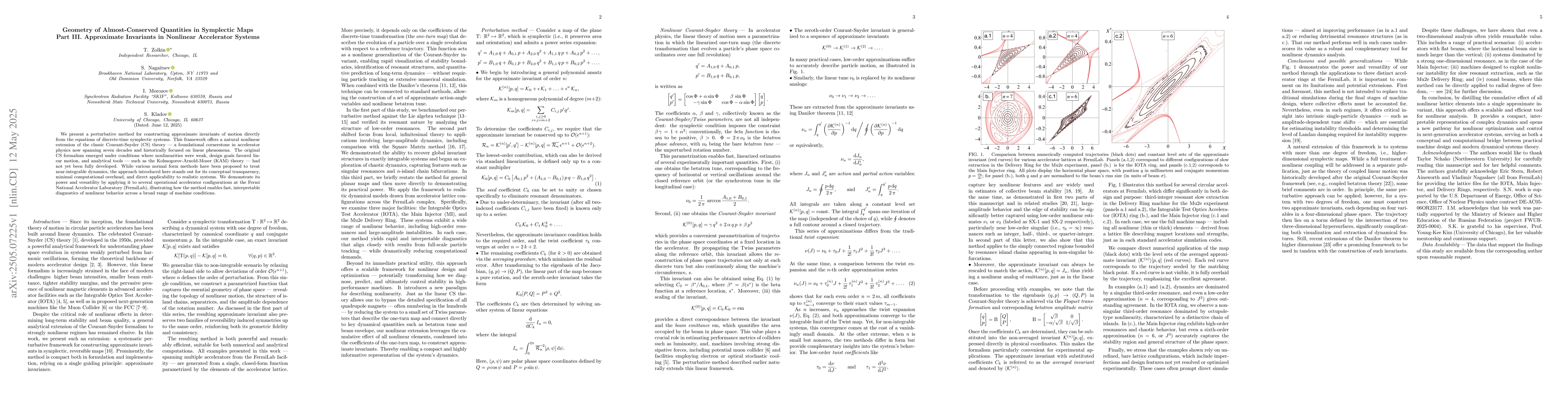 Thumbnail for Geometry of Almost-Conserved Quantities in Symplectic Maps. Part III:
  Approximate Invariants in Nonlinear Accelerator Systems