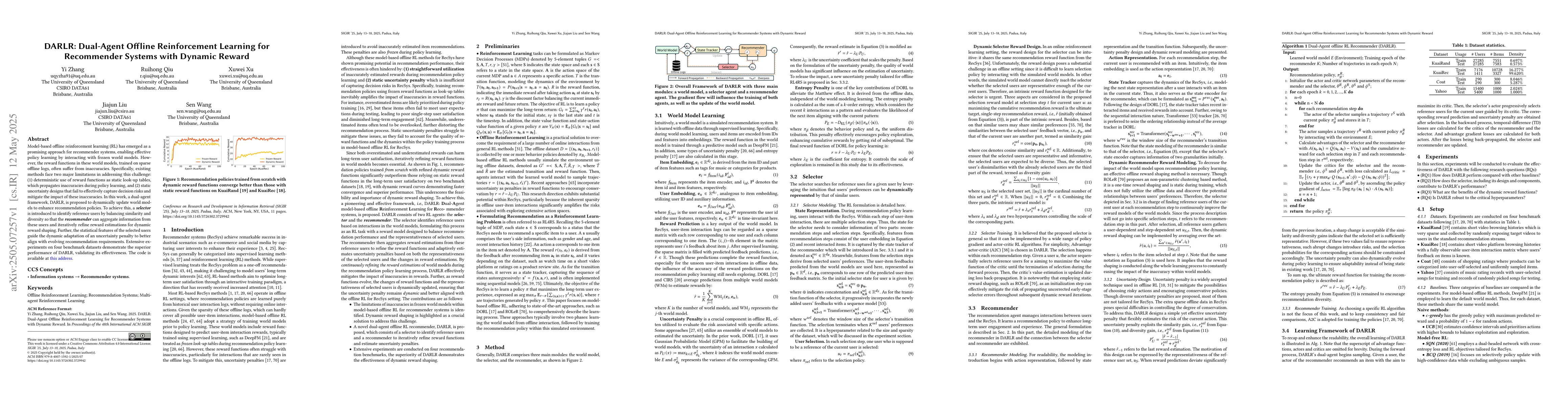 Thumbnail for DARLR: Dual-Agent Offline Reinforcement Learning for Recommender Systems
  with Dynamic Reward