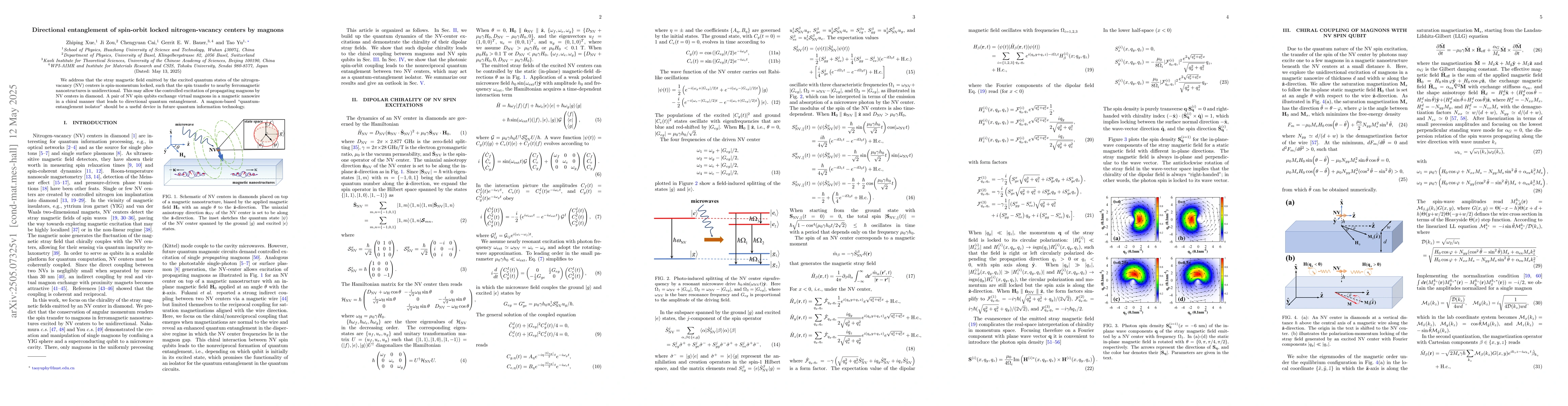 Thumbnail for Directional entanglement of spin-orbit locked nitrogen-vacancy centers
  by magnons