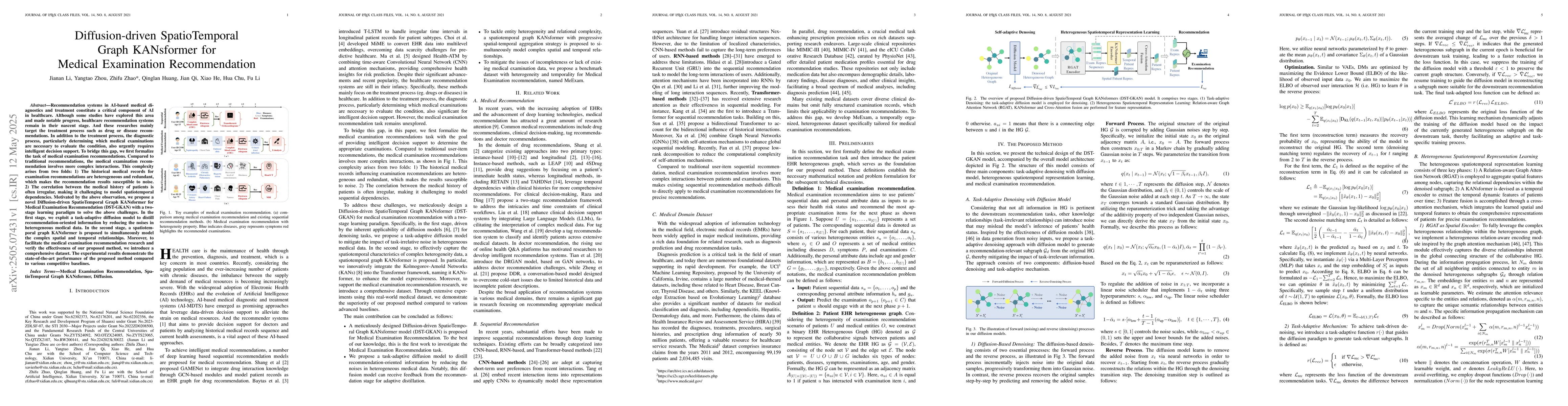Thumbnail for Diffusion-driven SpatioTemporal Graph KANsformer for Medical Examination
  Recommendation