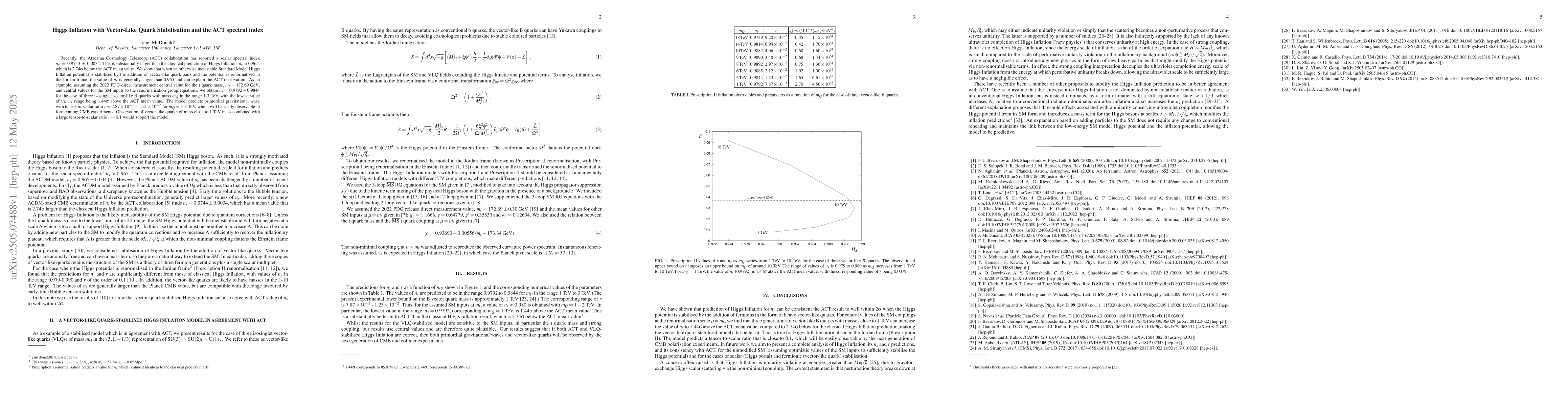 Thumbnail for Higgs Inflation with Vector-Like Quark Stabilisation and the ACT
  spectral index