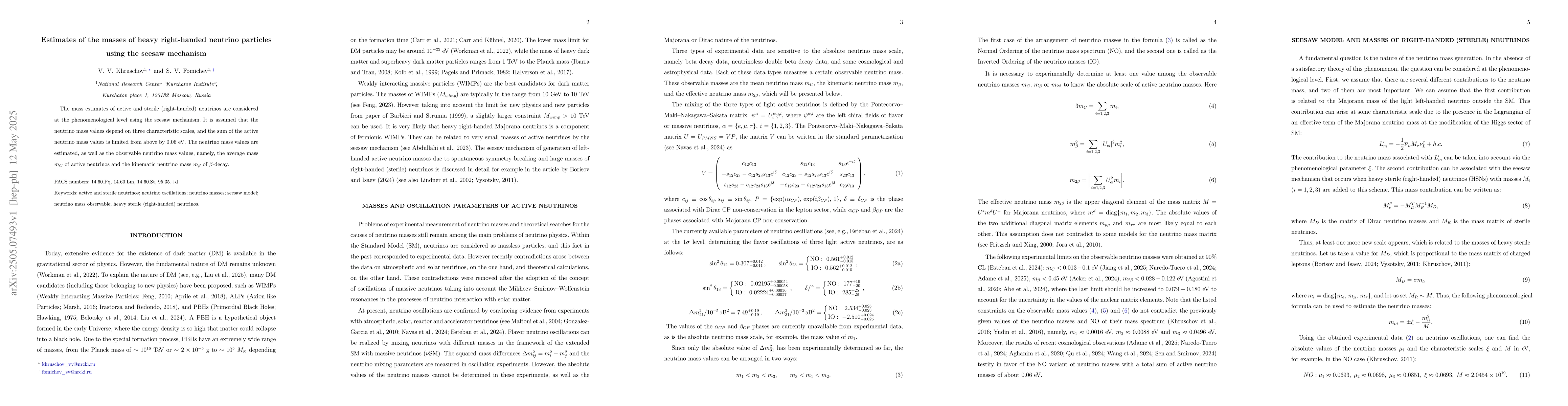 Thumbnail for Estimates of the masses of heavy right-handed neutrino particles using
  the seesaw mechanism