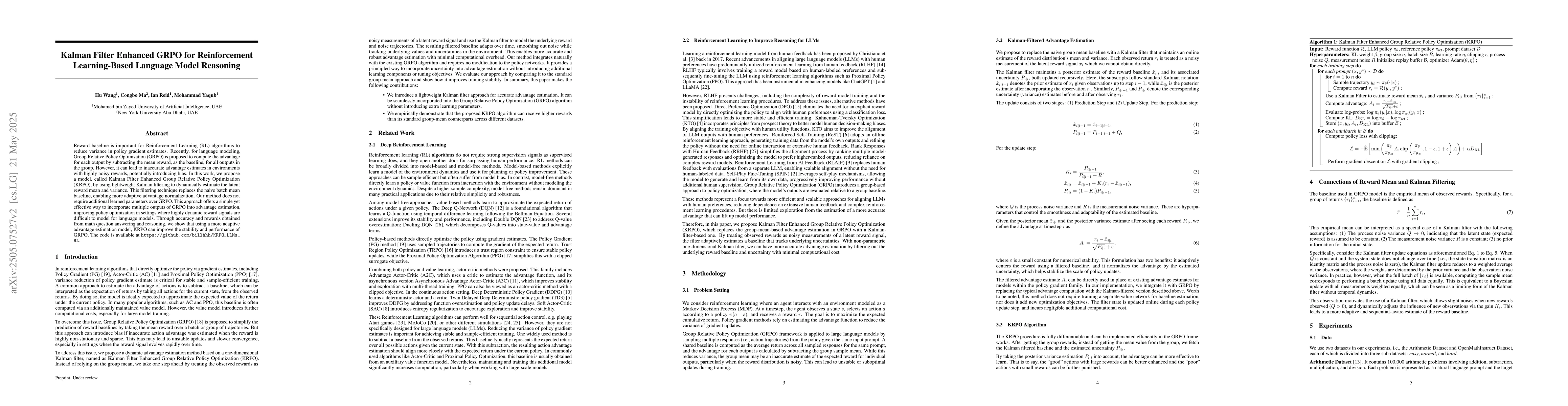 Thumbnail for Kalman Filter Enhanced GRPO for Reinforcement Learning-Based Language
  Model Reasoning