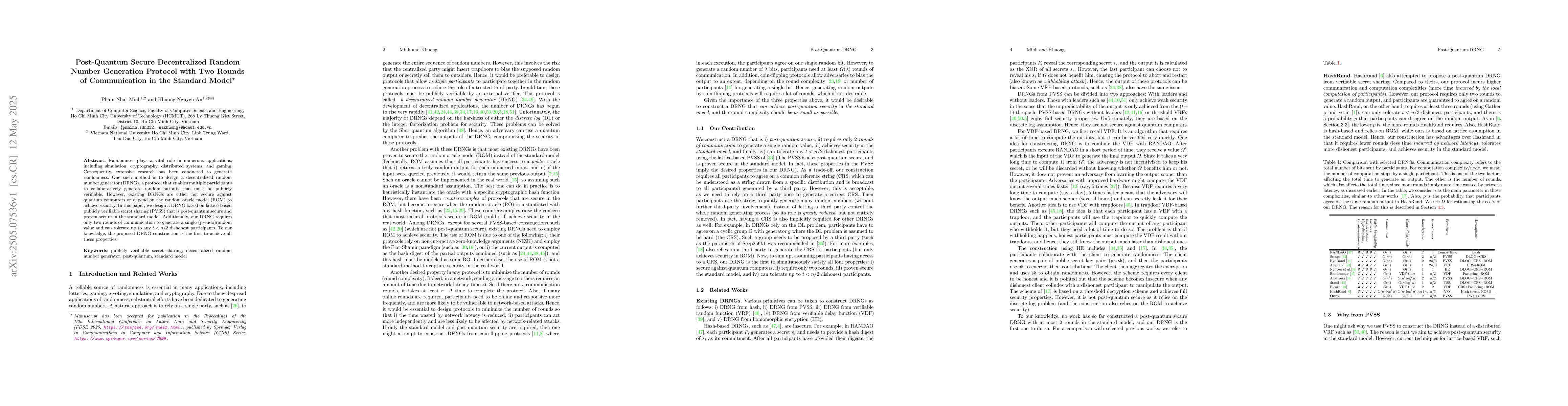 Thumbnail for Post-Quantum Secure Decentralized Random Number Generation Protocol with
  Two Rounds of Communication in the Standard Model