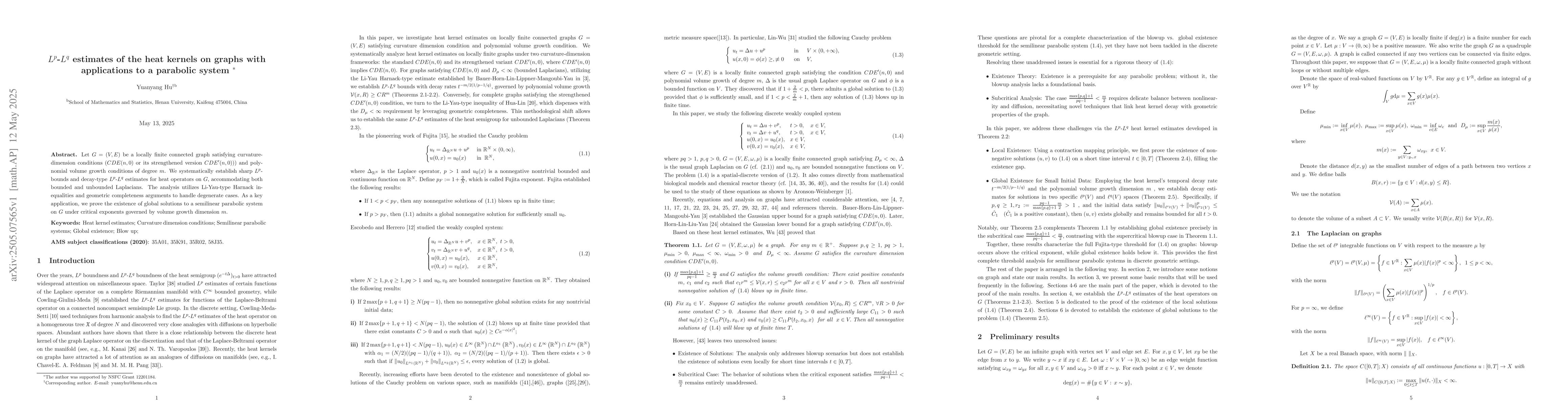 Thumbnail for $L^{p}$-$L^{q}$ estimates of the heat kernels on graphs with
  applications to a parabolic system